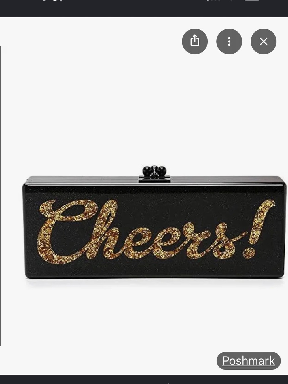 Edie Parker Black Acrylic Clutch with Gold Glitter "Cheers" Script